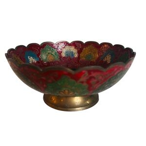 Vintage Enesco Solid Brass Scalloped Edge Peacock Hand Painted Footed Bowl